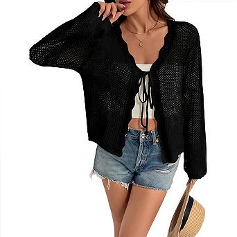 Plus Size Crochet Cardigans for Women Long Sleeve Tie Front Sweaters Summer Beach Vacation Coverups