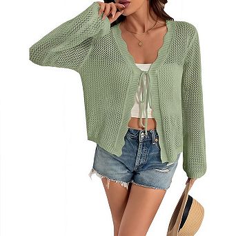 Plus Size Crochet Cardigans for Women Long Sleeve Tie Front Sweaters Summer Beach Vacation Coverups