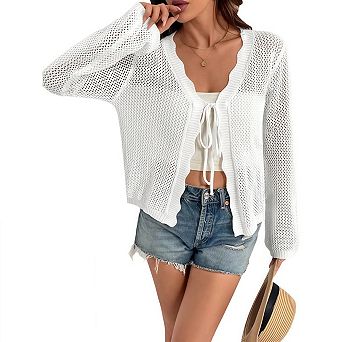 Plus Size Crochet Cardigans for Women Long Sleeve Tie Front Sweaters Summer Beach Vacation Coverups