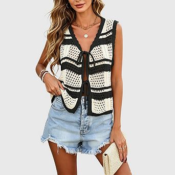 Womens Summer Sweater Vest Spring Cute Y2K Trendy Tie Front Crochet Tank Tops Beach Vacation