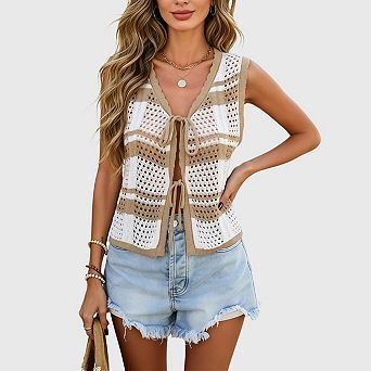Womens Summer Sweater Vest Spring Cute Y2K Trendy Tie Front Crochet Tank Tops Beach Vacation