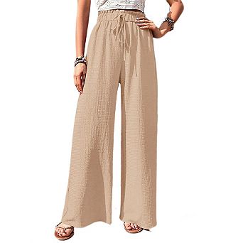 Womens Flowy Pants Casual Drawstring Waist Wide Leg Palazzo Pants Loose Fit Textured Beach Pants