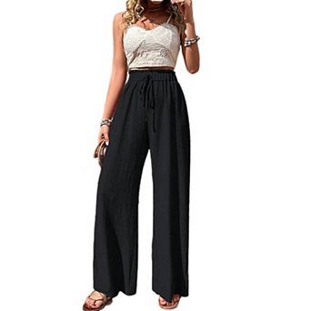 Womens Flowy Pants Casual Drawstring Waist Wide Leg Palazzo Pants Loose Fit Textured Beach Pants