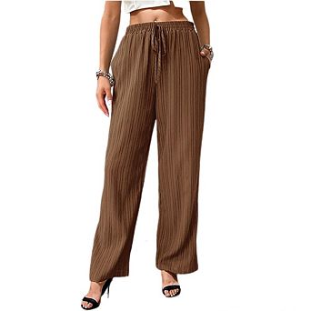 Womens Textured Straight Leg Pants Casual Beach Trousers Drawstring Elastic Waist Pants with Pockets