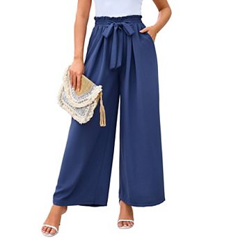 Women's Wide Leg Work Casual Palazzo Pants Elastic Belted Waisted Flowy Long Trousers with Pockets