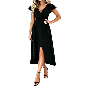 Women's Wrap V Neck Ruffle Sleeve Midi Dress High Waist Side Slit Asymmetrical Hem Party Dress