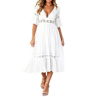 Women's Boho Flutter 3/4 Sleeve V Lace Midi Dress Elastic Waist Tiered Boho Flowy Vacation Dress
