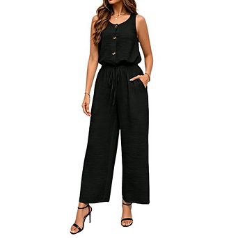 Women's Round Neck Button Front Sleeveless Jumpsuit Boho Crochet Lace Back Wide Leg Casual Romper