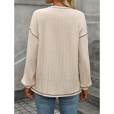Women's Casual Textured Sweatshirt Ribbed Brushed Solid Color Crew Neck Pocket Pullover T Shirt