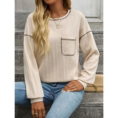 Women's Casual Textured Sweatshirt Ribbed Brushed Solid Color Crew Neck Pocket Pullover T Shirt
