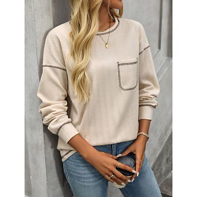 Women's Casual Textured Sweatshirt Ribbed Brushed Solid Color Crew Neck Pocket Pullover T Shirt