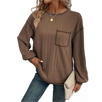 Women's Casual Textured Sweatshirt Ribbed Brushed Solid Color Crew Neck Pocket Pullover T Shirt