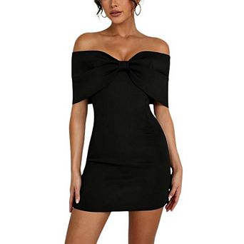 Women's Off Shoulder Bodycon Mini Dress Half Sleeve Big Bow V Back Club Party Short Dress