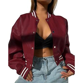 Women's High Neck Long Sleeved Button Down Short Leather JacketOuterwear
