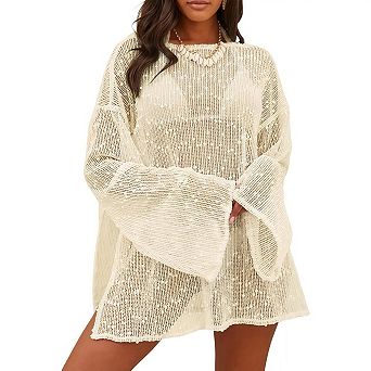 Crochet Plus Size Swimsuit Coverup for Women Summer Beach Boat Neck Bathing Suit Caftan Dress