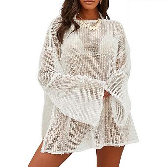 Crochet Plus Size Swimsuit Coverup for Women Summer Beach Boat Neck Bathing Suit Caftan Dress