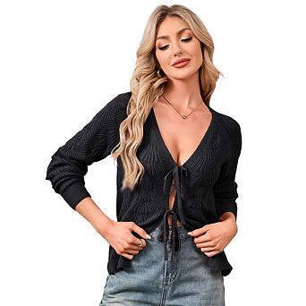 Women's Knitted Cardigan Tie Shawl Sweater Long Sleeve Short Cardigan Top