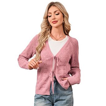 Women's Knitted Cardigan Tie Shawl Sweater Long Sleeve Short Cardigan Top