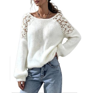 Women’s Off-Shoulder Open-Knit Lace Crewneck Long Sleeve Solid Color Knit Casual Pullover Sweaters