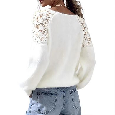 Women’s Off-Shoulder Open-Knit Lace Crewneck Long Sleeve Solid Color Knit Casual Pullover Sweaters