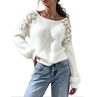 Women’s Off-Shoulder Open-Knit Lace Crewneck Long Sleeve Solid Color Knit Casual Pullover Sweaters
