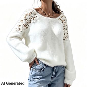 Women’s Off-Shoulder Open-Knit Lace Crewneck Long Sleeve Solid Color Knit Casual Pullover Sweaters