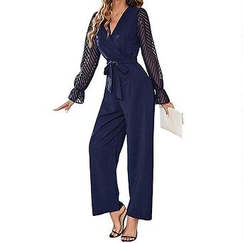 Elegant Jumpsuit for Women Dressy Lace Puff Sleeve Wide Leg Pant Suit One Piece Formal Outfits