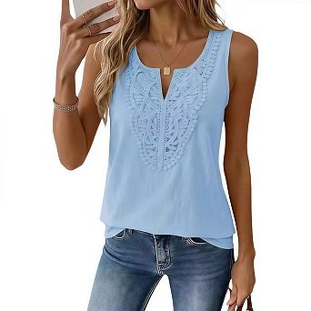 Womens Tank Tops Summer V Neck Sleeveless Shirts Loose Fit Lace Boho Blouse