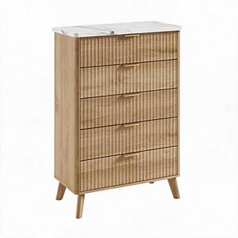 Fluted 5 Drawers Dresser for Bedroom, Wooden Dresser Chest of Drawers