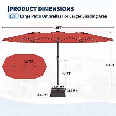 15FT Large Rectangular Patio Umbrella with 48 Solar LED Lights & Base - UV Protection, Crank Handle