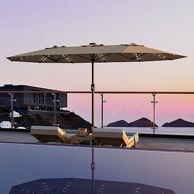 15FT Large Rectangular Patio Umbrella with 48 Solar LED Lights & Base - UV Protection, Crank Handle