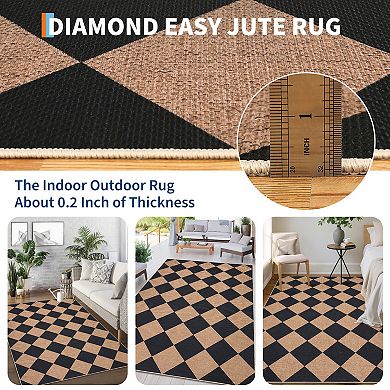 Washable Diamond Checkered Jute Area Rug - Non-Slip, Mark Resistant Geometric Carpet