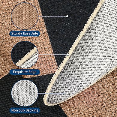 Washable Diamond Checkered Jute Area Rug - Non-Slip, Mark Resistant Geometric Carpet