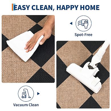 Washable Diamond Checkered Jute Area Rug - Non-Slip, Mark Resistant Geometric Carpet