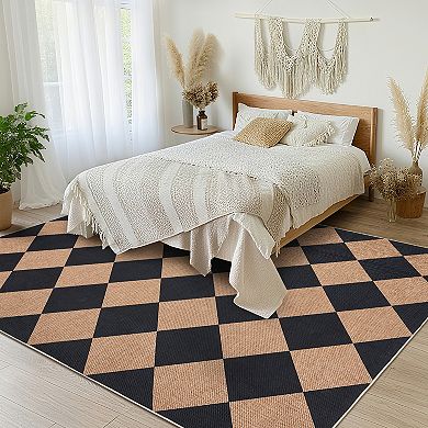 Washable Diamond Checkered Jute Area Rug - Non-Slip, Mark Resistant Geometric Carpet