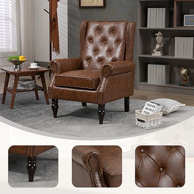 Merax PU Leather Upholstered Accent Chair with Solid Wood Frame & Rubber Wood Legs, Modern Leisure A