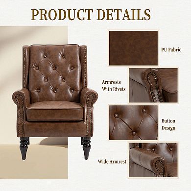 Merax PU Leather Upholstered Accent Chair with Solid Wood Frame & Rubber Wood Legs, Modern Leisure A