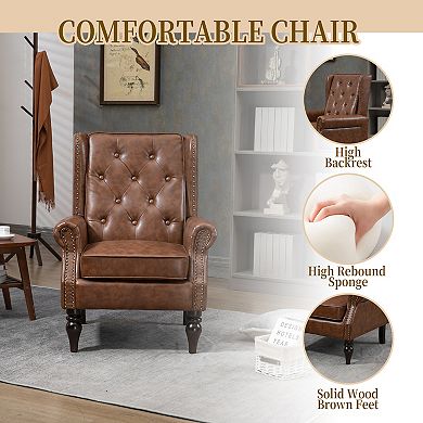 Merax PU Leather Upholstered Accent Chair with Solid Wood Frame & Rubber Wood Legs, Modern Leisure A