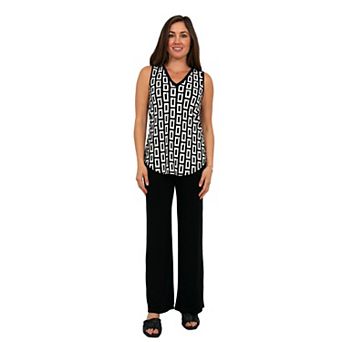 Women's 24Seven Comfort Apparel Geometric Print V-Neck Sleeveless Top & Flared Pants Set