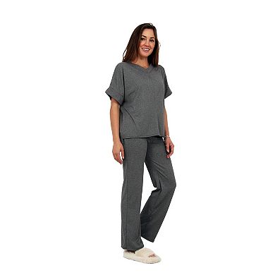 Women's 24Seven Comfort Apparel Basic V-Neck Top & Drawstring Wide Leg Pants Set