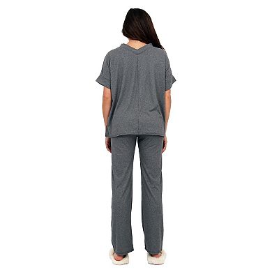 Women's 24Seven Comfort Apparel Basic V-Neck Top & Drawstring Wide Leg Pants Set