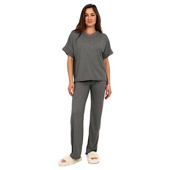 Women's 24Seven Comfort Apparel Basic V-Neck Top & Drawstring Wide Leg Pants Set