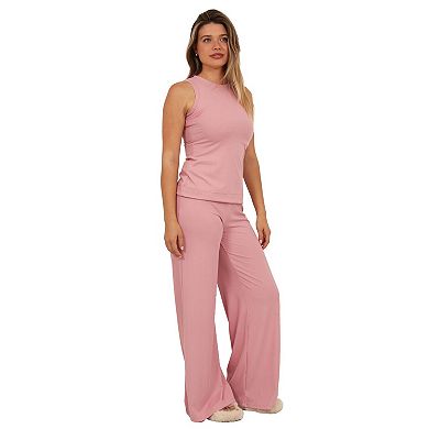 Women's 24Seven Comfort Apparel Basic Ribbed Knit Tank Top & Elastic Waist Wide Leg Pants Set