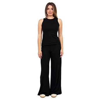 Women's 24Seven Comfort Apparel Basic Ribbed Knit Tank Top & Elastic Waist Wide Leg Pants Set