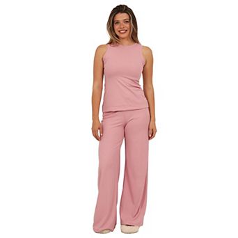 Women's 24Seven Comfort Apparel Basic Ribbed Knit Tank Top & Elastic Waist Wide Leg Pants Set
