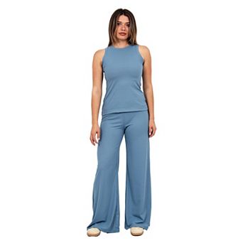Women's 24Seven Comfort Apparel Basic Ribbed Knit Tank Top & Elastic Waist Wide Leg Pants Set