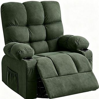 HomeRoots 39" Dark Green Tufted Chenille Heated Massage Manual Rocker And Swivel Recliner With USB