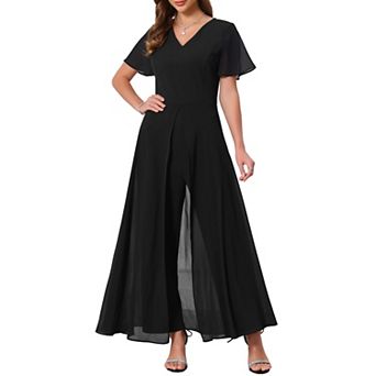 Women's Wide Leg Jumpsuits Chiffon Cocktail Dressy Short Sleeves V Neck Jumpsuit Pants