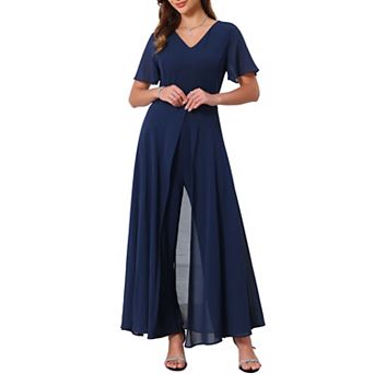 Women's Wide Leg Jumpsuits Chiffon Cocktail Dressy Short Sleeves V Neck Jumpsuit Pants