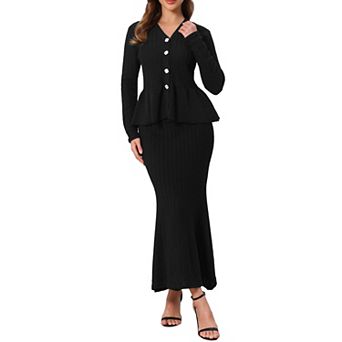 Women's Two Pieces Formal Suits Dress Long Sleeve Peplum Tops and Mermaid Long Skirt Knitted Sets